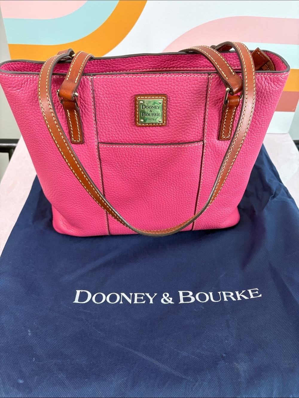 Dooney & Bourke Hot Pink Pebble Leather Tote with Brown Trim